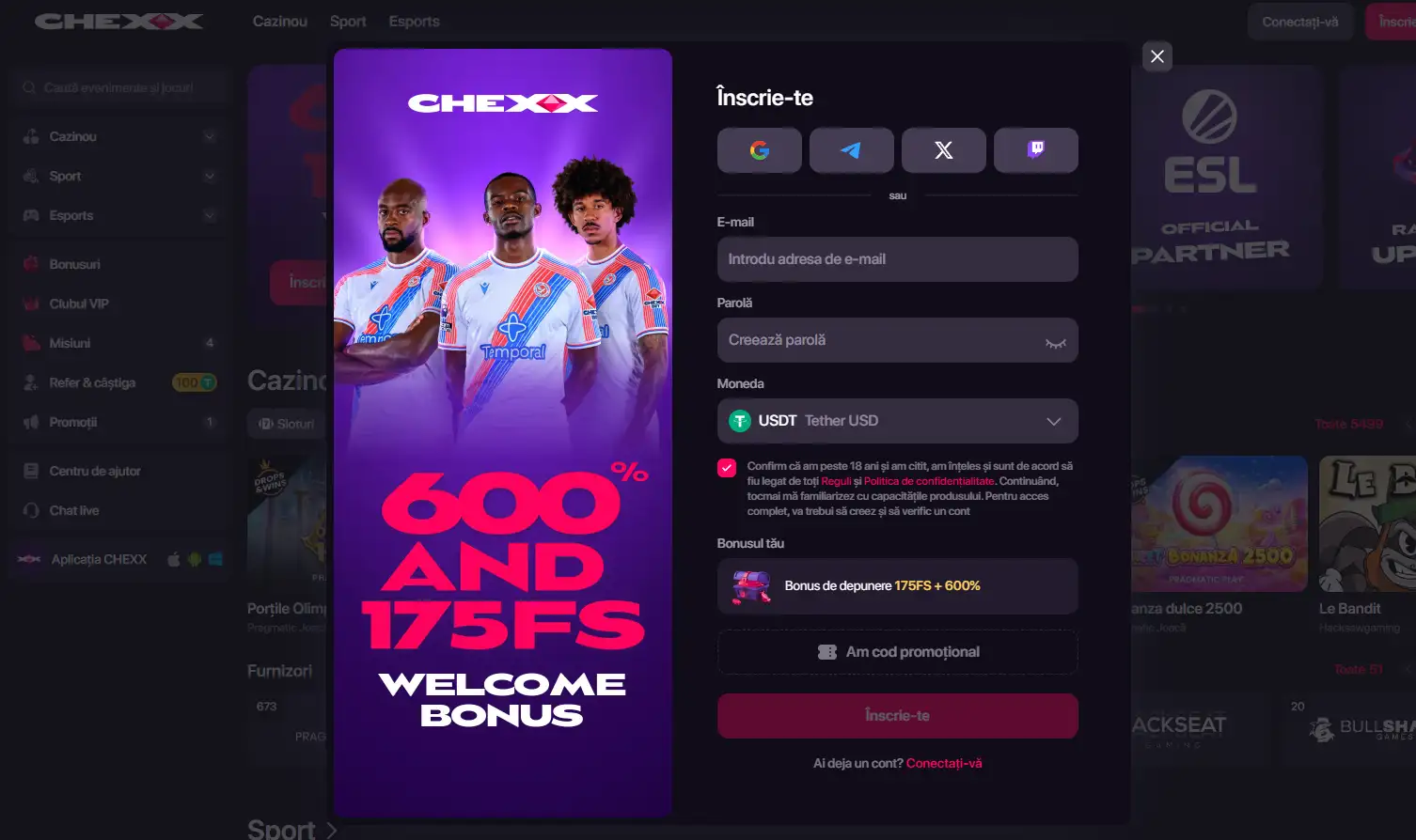 Ecranul oficial de înregistrare CHEXX cu formularul de cont