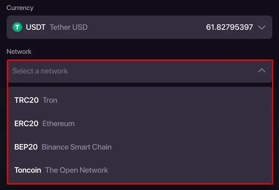 Ecran CHEXX de depunere crypto cu alegerea monedei și a rețelei