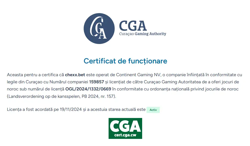 Certificatul oficial Curaçao Gaming Authority pentru chexx.bet