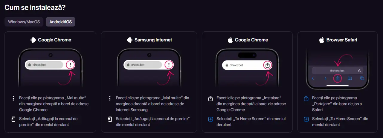 Pagina oficială CHEXX pentru instalarea PWA pe mobil și desktop