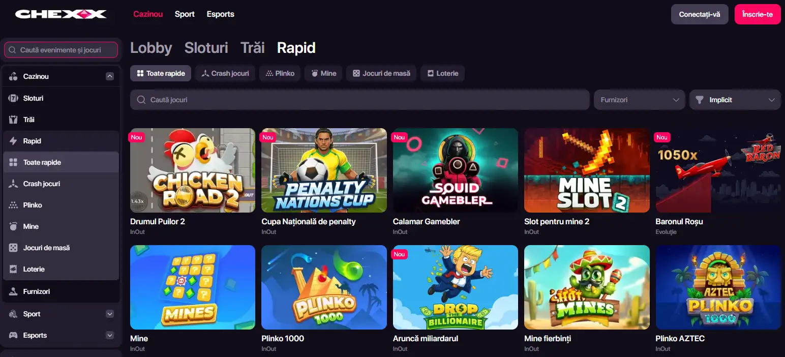 Secțiunea oficială Fast Games CHEXX cu filtre Crash, Plinko și Mines