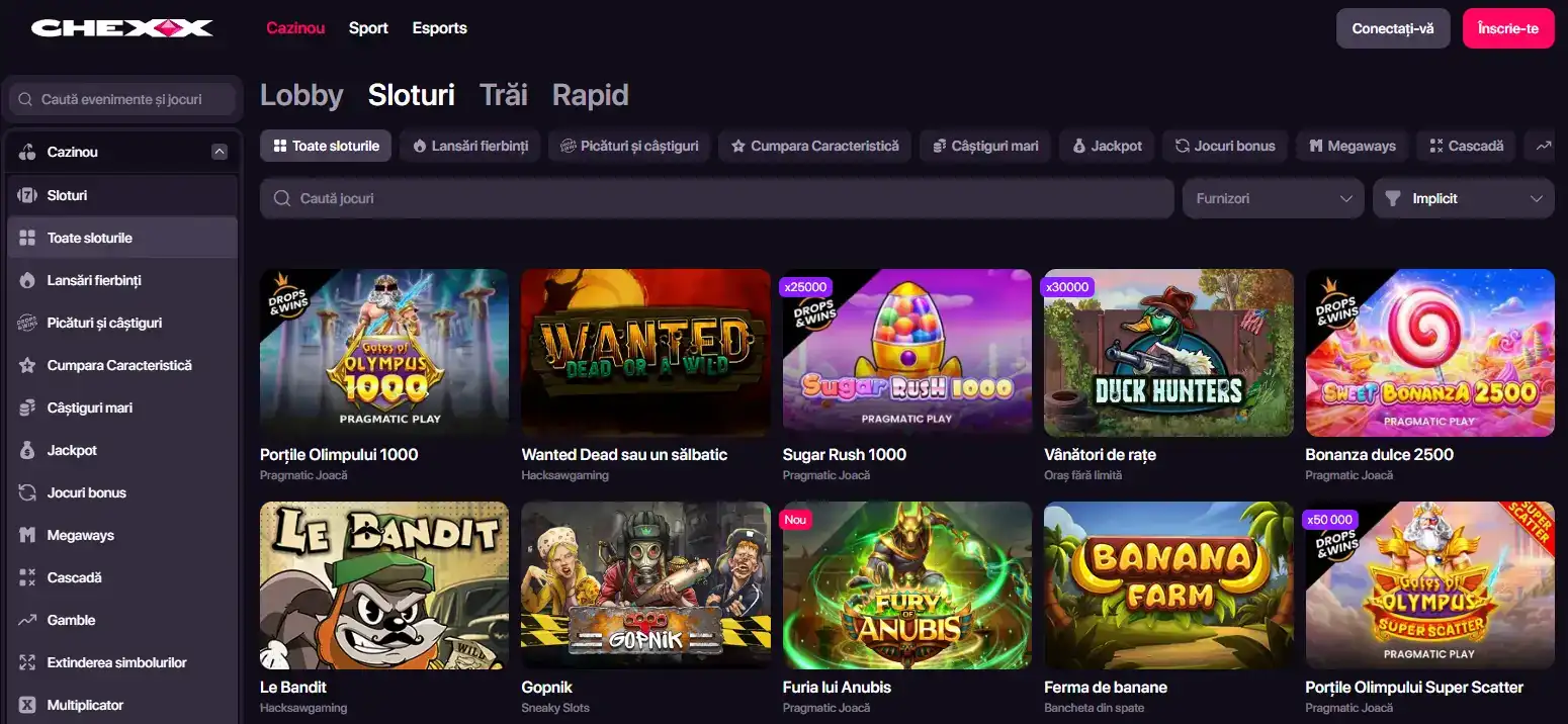 Lobby-ul oficial CHEXX Casino cu categoriile Slots, Live Casino și Fast Games