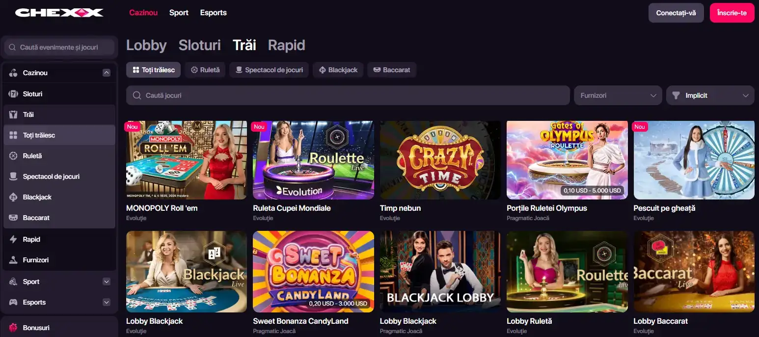 Lobby-ul oficial Live Casino CHEXX cu subcategoriile de jocuri live
