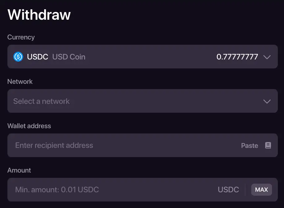 Ecran CHEXX pentru retragere crypto cu alegerea monedei și rețelei