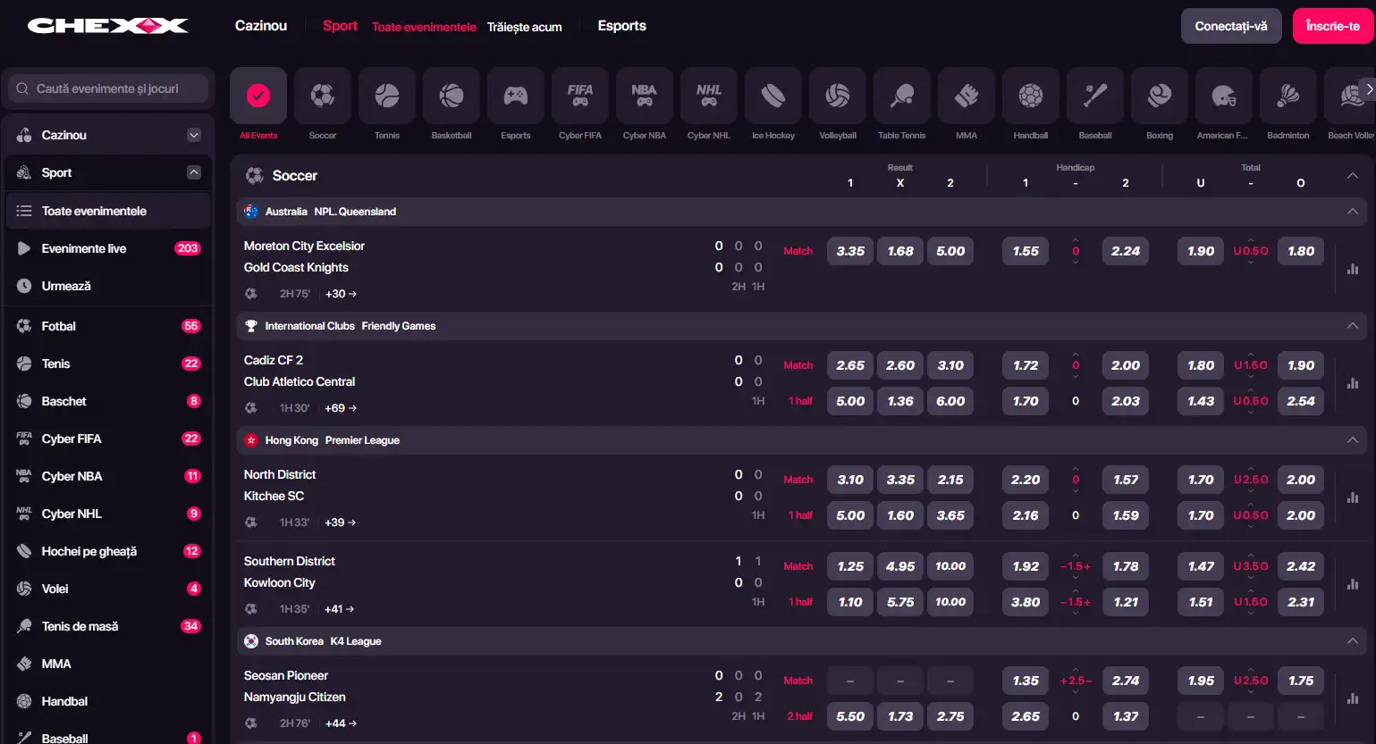 Interfața oficială CHEXX Sportsbook cu secțiunile Sports și eSports