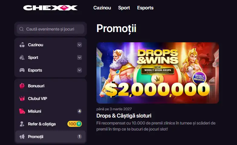 Pagina de promoții CHEXX cu bonusuri și campanii active