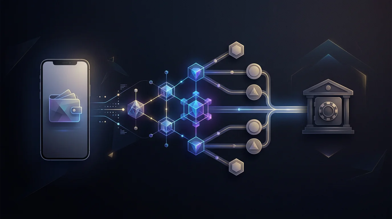 Ilustrație conceptuală cu wallet crypto, stablecoins și mai multe rețele blockchain