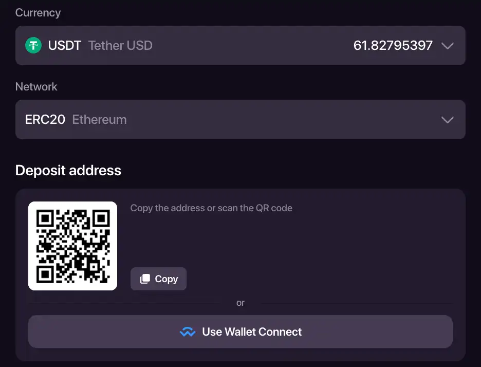 Cashier CHEXX cu selectarea criptomonedei și a rețelei pentru depunere