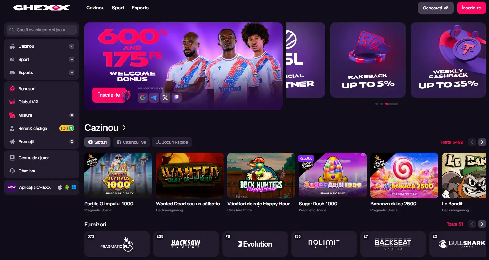 Interfața oficială CHEXX cu zonele casino și sportsbook