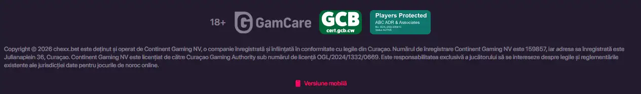 Certificatul oficial CGA pentru licența Curaçao a CHEXX